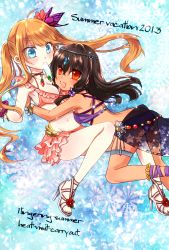 Rule 34 | 2girls, bikini, blue eyes, bracelet, brown hair, butterfly hair ornament, circlet, cross-laced footwear, flower, food, hair flower, hair ornament, happy, high heels, highres, hug, jewelry, mouth hold, multiple girls, nail polish, navel, open shoes, orange hair, original, popsicle, red eyes, royaltea87, sandals, sarong, see-through sarong, swimsuit, toenail polish, toenails, twintails