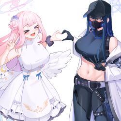 Rule 34 | &gt; &lt;, 2girls, :d, absurdres, angel wings, armband, baseball cap, blue archive, blue hair, blush, breasts, coat, commentary, crop top, ddog, dress, gloves, groin, hair bun, halo, hat, heart, heart hands, heart hands duo, highres, large breasts, looking at viewer, mask, mika (blue archive), mouth mask, multiple girls, navel, open mouth, pink hair, saori (blue archive), scrunchie, simple background, single side bun, sleeveless, sleeveless dress, smile, stomach, v, white background, white coat, white wings, wings, wrist scrunchie, xd