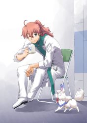 Rule 34 | 1boy, absurdres, ahoge, chair, coffee mug, cup, fate/grand order, fate (series), folding chair, fou (fate), gloves, unworn gloves, green eyes, highres, jewelry, mug, one eye closed, ponytail, ring, romani archaman, shimamoto harumi, sitting, smile, solo
