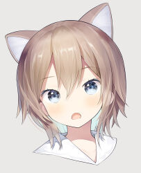 Rule 34 | 1girl, animal ears, blue eyes, brown hair, capriccio, cat ears, collarbone, commentary request, grey background, hair between eyes, looking at viewer, open mouth, original, portrait, sailor collar, simple background, solo, white sailor collar