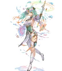 Rule 34 | 1girl, asymmetrical clothes, bandages, blue eyes, boots, breasts, fire emblem, fire emblem heroes, full body, gradient clothes, gradient hair, green hair, hair ornament, heidr (fire emblem), heterochromia, highres, holding, long hair, medium breasts, multicolored hair, nintendo, non-web source, official art, orange hair, pants, pelvic curtain, purple hair, silver trim, single boot, solo, standing, thigh strap, thighs, transparent background, twintails, wand, wide sleeves, yellow eyes, yoshiku (oden-usagi)