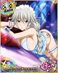 Rule 34 | 1girl, black panties, braid, breasts, card (medium), character name, chess piece, grayfia lucifuge, grey eyes, grey hair, high school dxd, high school dxd born, indoors, large breasts, lingerie, lipstick, long hair, looking at viewer, lying, maid headdress, makeup, matching hair/eyes, nightgown, official art, on bed, on side, panties, parted lips, pillow, queen (chess), red lips, sleepwear, solo, trading card, twin braids, underwear