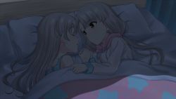 Rule 34 | 2girls, bed sheet, blanket, blue tank top, brown eyes, closed eyes, commentary, curtains, dark room, face-to-face, hand on another&#039;s arm, headboard, hisakawa hayate, hisakawa nagi, holding hands, hood, hood down, hoodie, idolmaster, idolmaster cinderella girls, light blush, light smile, long hair, looking at another, low twintails, multiple girls, parted lips, pillow, pink blanket, pink hoodie, shaded face, siblings, silver hair, sisters, sleeping, tank top, twins, twintails, un403lucky, under covers, watching