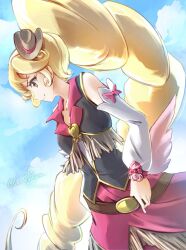 Rule 34 | 1girl, artist name, blonde haired cure (bomber girls precure) (happinesscharge precure!), character request, check character, clear glass (mildmild1311), commentary request, cowboy hat, drill hair, eyelashes, happinesscharge precure!, happy, hat, long hair, looking to the side, magical girl, ponytail, precure, signature, smile, solo, standing, twitter username, very long hair, vest, yellow eyes