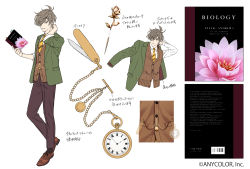 Rule 34 | 1boy, blazer, book, brown footwear, brown hair, brown pants, brown vest, character sheet, collared shirt, green eyes, green jacket, hair over one eye, highres, holding, holding book, jacket, looking to the side, multiple views, natsuko (bluecandy), necktie, nijisanji, official art, oliver evans, one eye covered, pants, pocket watch, shirt, vest, virtual youtuber, watch, white background, white shirt, yellow neckwear