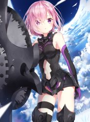 Rule 34 | 1girl, :o, black gloves, black thighhighs, blue sky, breasts, cloud, cloudy sky, day, fate/grand order, fate (series), gloves, highres, jimmy madomagi, looking at viewer, mash kyrielight, medium breasts, navel, outdoors, purple eyes, purple hair, shield, sky, solo, standing, thighhighs