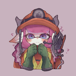 Rule 34 | 1girl, blush, closed mouth, cross-shaped pupils, earrings, frown, gloves, green gloves, hard hat, harinezumisan12, helmet, high-visibility vest, inkling, inkling girl, inkling player character, jewelry, jumpsuit, looking at viewer, nintendo, pointy ears, purple eyes, red headwear, rubber gloves, salmon run (splatoon), simple background, solo, splatoon (series), straight-on, symbol-shaped pupils, upper body