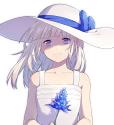 Rule 34 | 1girl, blue bow, blue eyes, blue flower, blunt bangs, bow, character request, check copyright, copyright request, dress, final fantasy, final fantasy xv, flower, hat, hat bow, holding, holding flower, light smile, long hair, quail0503, silver hair, simple background, solo, standing, sun hat, white background, white dress, white hat