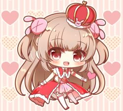 Rule 34 | &gt; &lt;, 1girl, :d, bad id, bad pixiv id, blush, brown hair, capelet, chibi, commentary request, crown, full body, fur-trimmed capelet, fur-trimmed headwear, fur trim, gloves, hair ornament, heart, heart background, long hair, looking at viewer, mini crown, natori sana, open mouth, outstretched arm, pink shirt, pink skirt, rabbit hair ornament, red capelet, red eyes, red footwear, round teeth, sana channel, shirt, shoes, skirt, smile, solo, striped, striped background, teeth, thighhighs, tilted headwear, two side up, upper teeth only, vertical stripes, very long hair, virtual youtuber, white gloves, white thighhighs, yukiyuki 441