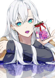 Rule 34 | 1girl, black shirt, blue eyes, candy, crossed arms, earrings, flower, food, hair between eyes, highres, holding, holding jar, hydrangea, jar, jewelry, leaning on table, long hair, long sleeves, looking at viewer, nail polish, open mouth, original, pink nails, purple flower, red ribbon, ribbon, ring, shirt, sidelocks, signature, simple background, solo, straight-on, straight hair, teeth, upper body, white background, white hair, yagi (shiro yagi)