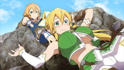 Rule 34 | 2girls, blonde hair, breasts, cliff, detached sleeves, game cg, green eyes, hair between eyes, highres, large breasts, leafa, leafa (sao:im), multiple girls, official art, peril, philia (sao), ponytail, short hair, sleeveless, sword art online, sword art online: hollow realization, tagme, underboob