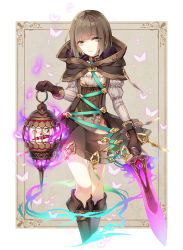 Rule 34 | 1girl, boots, brown hair, brown skirt, bug, butterfly, capelet, cropped legs, green eyes, gretel (sinoalice), grey leotard, grey shirt, highres, holding, holding sword, holding weapon, insect, kina (446964), knee boots, leotard, looking at viewer, male focus, shirt, short hair, sinoalice, skirt, smile, solo, standing, suspender skirt, suspenders, sword, weapon, white background