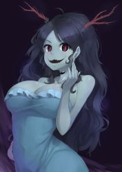 Rule 34 | 1girl, blue skin, breasts, character request, cleavage, colored skin, dress, earrings, horns, jewelry, large breasts, long hair, lubella, momodora: reverie under the moonlight, navel, smile