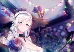 Rule 34 | 1girl, azur lane, belfast (azur lane), blue eyes, blurry, blush, braid, breasts, chain, cleavage, cloud, cloudy sky, collar, collarbone, depth of field, dress, evening, flower, french braid, frills, gloves, hand up, large breasts, light particles, lights, long hair, looking at viewer, maid, maid headdress, outdoors, signature, silver hair, sky, smile, solo, tsunano (koi pink), white gloves