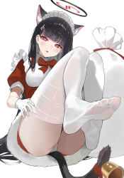 Rule 34 | 1girl, animal ears, ass, bell, black hair, blue archive, blush, breasts, cat ears, cat tail, feet, gloves, highres, kagemoe1003, long hair, panties, rio (blue archive), sack, santa costume, short sleeves, soles, solo, tail, underwear, white gloves, white panties
