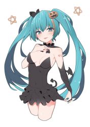 Rule 34 | 1girl, :p, bad id, bad pixiv id, bare shoulders, black dress, black ribbon, blue eyes, blue hair, breasts, bridal gauntlets, bright pupils, brown eyes, brown hair, cleavage, commentary request, covered navel, cropped legs, demon tail, detached collar, dress, food-themed hair ornament, food themed hair ornament, giryu, hair ornament, hair ribbon, hatsune miku, layered dress, medium breasts, multicolored eyes, multicolored hair, number tattoo, pentagram, pumpkin hair ornament, ribbon, shoulder tattoo, simple background, smile, solo, strapless, strapless dress, streaked hair, tail, tattoo, tongue, tongue out, vocaloid, white background