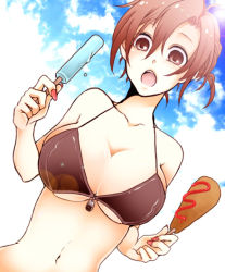 Rule 34 | 1girl, bad id, bad pixiv id, bikini, bikini top only, breasts, brown eyes, brown hair, cleavage, corn dog, food, ketchup, large breasts, meiko (vocaloid), muro (ninimohu), navel, open mouth, popsicle, short hair, solo, swimsuit, vocaloid