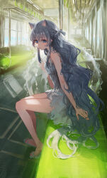 Rule 34 | 1girl, animal ears, blue eyes, blue hair, cat ears, cat girl, cat tail, commentary request, dress, hair ribbon, highres, long hair, looking at viewer, misekiss, original, ribbon, sandals, sitting, sleeveless, sleeveless dress, solo, tail, train interior, very long hair, white dress, white ribbon