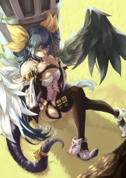 Rule 34 | 1girl, angel wings, asymmetrical wings, bare shoulders, belt buckle, black thighhighs, blue hair, breasts, buckle, cleavage, closed eyes, column, dizzy (guilty gear), feathered wings, grass, guilty gear, guilty gear xrd, hair between eyes, hair ornament, hair rings, hands on own chest, highres, large breasts, long hair, midriff, navel, online neet, own hands together, pillar, resting, ribbon, sitting, smile, solo, tail, tail ornament, tail ribbon, thigh strap, thighhighs, thighs, twintails, wide sleeves, wings, yellow ribbon