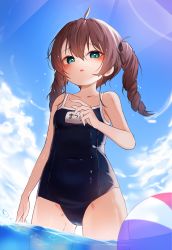 Rule 34 | 1girl, absurdres, ahoge, bad id, bad twitter id, ball, beachball, black ribbon, blue eyes, blue one-piece swimsuit, blue sky, blush, breasts, brown hair, cameltoe, chessy2826, cloud, collarbone, covered navel, cowboy shot, drill hair, from below, hair between eyes, hair ornament, hair ribbon, highres, hololive, looking at viewer, name tag, natsuiro matsuri, old school swimsuit, one-piece swimsuit, open mouth, partially submerged, ribbon, school swimsuit, sky, solo, swimsuit, teeth, twin drills, twintails, upper teeth only, virtual youtuber, wading, water