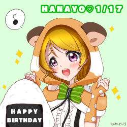Rule 34 | 1girl, animal, animal ears, animal hood, animal suit, apron, artist name, artist request, back bow, bare shoulders, blush, bow, breasts, brown hair, elbow gloves, female focus, fingerless gloves, food, gloves, hair between eyes, happy, heart, highres, hood, hoodie, japanese clothes, kimono, koizumi hanayo, looking at viewer, love live!, love live! school idol festival, love live! school idol project, medium breasts, onigiri, orange skirt, parted lips, polka dot, polka dot gloves, purple eyes, short hair, short kimono, skirt, smile, solo, sp monmon, striped, striped bow, suspenders, white bow