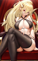 Rule 34 | 1girl, arknights, bare shoulders, bikini, black bikini, black thighhighs, blonde hair, breasts, cleavage, crossed legs, curtains, feet out of frame, hair between eyes, hand on own thigh, high ponytail, highres, horns, large breasts, light particles, long hair, nail polish, open mouth, pointy ears, red eyes, red nails, shining (arknights), sitting, skindentation, solo, swimsuit, thighhighs, throne, tony guisado, very long hair