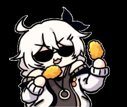 Rule 34 | 1girl, :3, animated, animated gif, bare shoulders, braid, brown shirt, chicken (food), chicken leg, eating, food, hair ornament, hair ribbon, hairpin, holding, holding food, honkai (series), honkai impact 3rd, jacket, jewelry, kiana kaslana, long hair, long sleeves, lowres, meme, necklace, official art, open clothes, open jacket, open mouth, ribbon, second-party source, shirt, simple background, sleeveless, sleeveless shirt, sunglasses, transparent background, twin braids, v-shaped eyebrows, white hair, white jacket