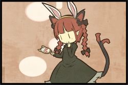 Rule 34 | 1girl, akihiyo, animal ears, blush stickers, bow, braid, rabbit ears, cat ears, cat girl, cat tail, dress, extra ears, female focus, flat color, hair bow, kaenbyou rin, mirror, multiple tails, red hair, reflection, solo, tail, touhou
