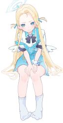 Rule 34 | 1girl, angel&#039;s 24 uniform (blue archive), angel wings, apron, black bow, black bowtie, blonde hair, blue apron, blue archive, blue eyes, blue halo, blush, bow, bowtie, closed mouth, collared shirt, feathered wings, full body, halo, highres, long hair, shirt, short sleeves, simple background, socks, solo, sora (blue archive), two side up, valentine (02140314c), white background, white shirt, white socks, white wings, wings