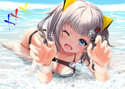 Rule 34 | 1girl, ;d, absurdres, adapted costume, bikini, black bikini, blue eyes, blue sky, blunt bangs, blurry, bra, breasts, commentary request, day, depth of field, foreshortening, gibun (sozoshu), grey hair, hair ornament, highres, kaguya luna, looking at viewer, lying, medium breasts, on stomach, one eye closed, open mouth, outdoors, reaching, reaching towards viewer, revision, short hair, sky, smile, solo, swimsuit, the moon studio, twintails, underwear, virtual youtuber, water, x hair ornament
