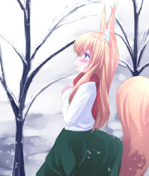 Rule 34 | 1girl, animal ears, blonde hair, blush, fox ears, fox tail, hands on own chest, long hair, looking up, noa (nagareboshi), open mouth, original, snow, snowing, solo, tail