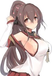 Rule 34 | 10s, 1girl, armpits, bare shoulders, blush, breasts, brown eyes, brown hair, female focus, kantai collection, large breasts, long hair, nao (qqqbb), no bra, ponytail, sideboob, simple background, sketch, solo, upper body, white background, yamato (kancolle)