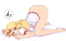 Rule 34 | 1girl, ass, barefoot, bed sheet, blonde hair, blush, bottomless, breasts, face, feet, female focus, frown, full body, horns, hoshiguma yuugi, katwu (gensou ninja yashiki), long hair, medium breasts, pointy ears, pout, presenting, red eyes, sheet grab, simple background, single horn, solo, thighs, top-down bottom-up, touhou