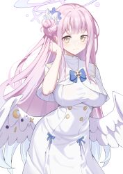 Rule 34 | 1girl, absurdres, blue archive, highres, long hair, looking at viewer, mika (blue archive), olecafe2, pink hair, simple background, smile, solo, wings, yellow eyes