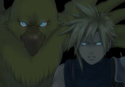 Rule 34 | angry, armor, blonde hair, blue eyes, blue sweater, chocobo, clenched teeth, cloud strife, commentary request, dark, earrings, final fantasy, final fantasy vii, glaring, glowing, glowing eyes, jewelry, looking at viewer, pauldrons, popochan-f, short hair, shoulder armor, single earring, single pauldron, sleeveless, sleeveless turtleneck, spiked hair, stud earrings, suspenders, sweater, teeth, turtleneck, turtleneck sweater, yellow bird