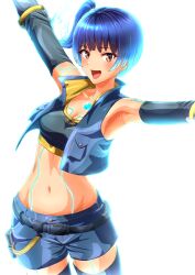 Rule 34 | 1girl, :d, armpits, arms up, bare shoulders, belt, black belt, black gloves, black sports bra, black thighhighs, blue hair, blue shorts, body markings, breasts, brown eyes, buckle, chest jewel, cleavage, collarbone, commentary, cowboy shot, crop top, elbow gloves, fiery hair, gloves, glowing lines, groin, highres, looking at viewer, midriff, navel, open mouth, sena (xenoblade), short shorts, shorts, side ponytail, sidelocks, simple background, small breasts, smile, snap-fit buckle, solo, sports bra, standing, thighhighs, to (tototo tk), white background, xenoblade chronicles (series), xenoblade chronicles 3