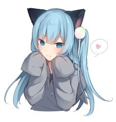 Rule 34 | 1girl, amashiro natsuki, animal ears, bad id, bad pixiv id, blue eyes, blue hair, blush, cat ears, closed mouth, commentary request, drawstring, fang, fang out, grey hoodie, hair between eyes, hands up, heart, highres, hood, hood down, hoodie, long hair, long sleeves, nekoha shizuku, one side up, original, simple background, sleeves past fingers, sleeves past wrists, smile, solo, spoken heart, upper body, very long hair, white background