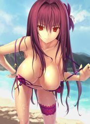 Rule 34 | 1girl, beach, bikini, breasts, cleavage, collarbone, day, fate/grand order, fate (series), flower, hair flower, hair ornament, hanging breasts, highres, kawanakajima, large breasts, leaning forward, bridal garter, long hair, looking at viewer, navel, outdoors, purple hair, red eyes, red hair, sand, scathach (fate), scathach (fate/grand order), scathach (swimsuit assassin) (fate), smile, solo, swimsuit, water, wet