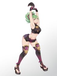 Rule 34 | 1girl, ^ ^, armpits, arms up, bare arms, bare shoulders, birb (flightless birb), black gloves, black nails, black shirt, black shorts, black thighhighs, breasts, closed eyes, commentary, crop top, fingerless gloves, full body, genshin impact, gloves, gradient background, green hair, grey background, highres, holding, holding mask, kuki shinobu, mask, medium breasts, midriff, nail polish, navel, parted lips, ponytail, sandals, shirt, short hair, short shorts, shorts, sleeveless, sleeveless shirt, solo, standing, stomach, stretching, thighhighs, thighs, toenail polish, toenails