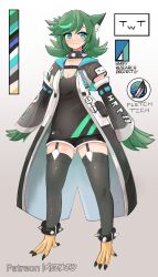 Rule 34 | 1girl, animal ears, artist name, asekeu, black coat, black leggings, black shirt, black shorts, breasts, cat ears, character name, choker, cleavage, coat, detached sleeves, feathered wings, feathers, full body, garter straps, green eyes, green feathers, green hair, green wings, harpy, highres, leggings, long coat, long hair, looking at viewer, monster girl, original, quill (asekeu), shirt, shorts, simple background, small breasts, solo, spiked anklet, spiked choker, spikes, talons, white background, winged arms, wings