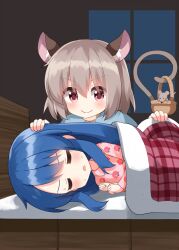 Rule 34 | 2girls, animal ear fluff, artist self-insert, basket, bed, blanket, blue hair, closed eyes, commentary request, food, fruit, highres, hinanawi tenshi, indoors, long hair, long sleeves, lying, mouse (animal), mouse girl, mouse tail, multiple girls, nazrin, on bed, on side, pajamas, peach, peach print, red eyes, ruu (tksymkw), sidelocks, sweat, tail, touhou, window