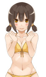 Rule 34 | 1girl, bad id, bad pixiv id, bikini, black hair, blush, breasts, brown eyes, cleavage, front-tie top, mo-fu, navel, original, short hair, short twintails, solo, swimsuit, twintails