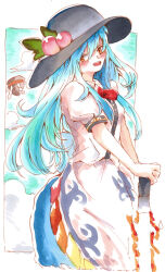 Rule 34 | 1girl, absurdres, apron, ass, black hat, blue background, blue hair, blue skirt, blush, bow, bowtie, breasts, buttons, collared shirt, cowboy shot, dress shirt, from side, hair between eyes, hat, head tilt, highres, hinanawi tenshi, holding, holding sword, holding weapon, leaf hat ornament, long hair, looking at viewer, looking to the side, one-hour drawing challenge, open mouth, peach hat ornament, print apron, puffy short sleeves, puffy sleeves, red bow, red bowtie, red eyes, shirt, short sleeves, simple background, skirt, small breasts, solo, sword, sword of hisou, teeth, touhou, upper teeth only, very long hair, weapon, white apron, white background, white shirt, yoiyoimochi