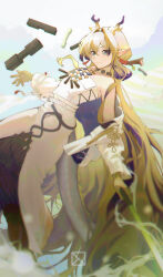 Rule 34 | 1girl, absurdres, arknights, bare shoulders, blonde hair, blue eyes, blue hair, closed mouth, collarbone, commentary request, day, dragon girl, dragon horns, dragon tail, hair between eyes, highres, holding, holding sword, holding weapon, horns, jacket, long hair, looking at viewer, multicolored hair, njnywy, off shoulder, open clothes, open jacket, outdoors, pants, pointy ears, shu (arknights), smile, solo, strapless, sword, tail, two-tone hair, very long hair, weapon, white jacket, white pants
