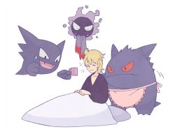 Rule 34 | 1boy, apron, closed eyes, creatures (company), cup, evolutionary line, fangs, floating, game freak, gastly, gen 1 pokemon, gengar, ghost, gym leader, haunter, holding, holding cup, holding toothbrush, jaho, looking at another, male focus, morty (pokemon), mouth hold, mug, nintendo, pokemon, pokemon (creature), pokemon hgss, scarf, simple background, sleepy, toothbrush, unworn scarf, waking up, white background