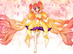 Rule 34 | 1girl, absurdly long hair, amanogawa kirara, bad id, bad pixiv id, blonde hair, boots, bow, brown hair, choker, cure twinkle, full body, go! princess precure, gradient hair, highres, i naga chi, long hair, low-tied long hair, magical girl, multicolored hair, pink background, precure, purple eyes, quad tails, red hair, skirt, smile, solo, standing, standing on one leg, streaked hair, thigh boots, thighhighs, twintails, two-tone hair, very long hair, white footwear, white thighhighs, yellow skirt