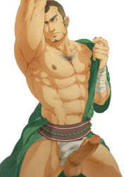 Rule 34 | 1boy, abs, armpits, bandaged arm, bandages, bara, bare pectorals, bulge, buzz cut, chest hair, clothing aside, earrings, erection, facial hair, feet out of frame, frown, goatee, green eyes, green kimono, japanese clothes, jewelry, kimono, large pectorals, loincloth, loincloth aside, looking to the side, male focus, male underwear, male underwear aside, mature male, muscular, muscular male, navel, navel hair, nipples, open clothes, open kimono, original, pectorals, penis, print male underwear, short hair, sideburns, solo, stomach, striped, thick thighs, thighs, uncensored, underwear, undressing, very short hair, white male underwear, xiawenjie