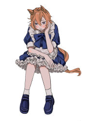 Rule 34 | 1girl, absurdres, alternate costume, animal ears, apron, blue footwear, blush, bow, collared dress, dress, enmaided, frilled apron, frills, hand on own cheek, hand on own face, highres, horse ears, horse girl, maid, maid apron, motibeeeee, orange hair, orange tail, shoes, short hair, solo, t.m. opera o (umamusume), umamusume, waist apron, white apron, white background