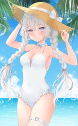 Rule 34 | 1girl, absurdres, armpits, arms up, bare arms, bare shoulders, blue eyes, braid, breasts, choker, cleavage, closed mouth, covered navel, cowboy shot, day, frilled choker, frilled swimsuit, frills, hat, highres, long hair, looking at viewer, medium breasts, one-piece swimsuit, original, outdoors, shano hiyori, smile, solo, spaghetti strap, standing, straw hat, swimsuit, thigh strap, thighs, twin braids, twintails, wet, white hair, white one-piece swimsuit