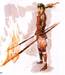 Rule 34 | 00s, 1boy, absurdres, armor, fire, headband, highres, male focus, polearm, samurai, sanada yukimura (sengoku basara), sengoku basara, solo, spear, tsuchibayashi makoto, weapon